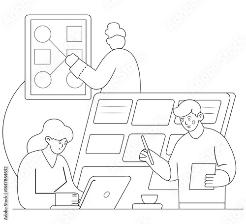 Flat Line Art Design of a Creative Workflow in Action With Project Manager Organizing Tasks