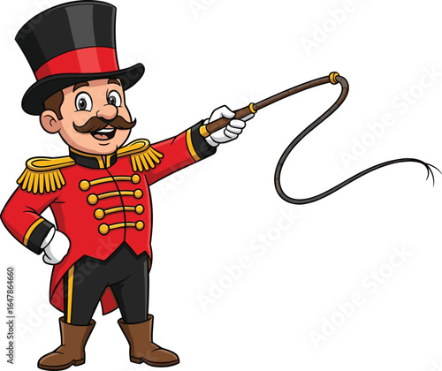 Cartoon circus ringmaster, red coat character, top hat, whip in hand, confident pose, classic circus leader, smiling performer
