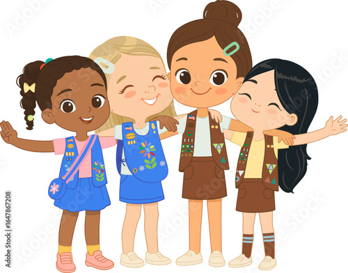 Cute and diverse group of Scout Girls standing together with arms around each other. Illustration features four smiling girls in Daisy and Brownie uniforms, celebrating friendship and unity.
