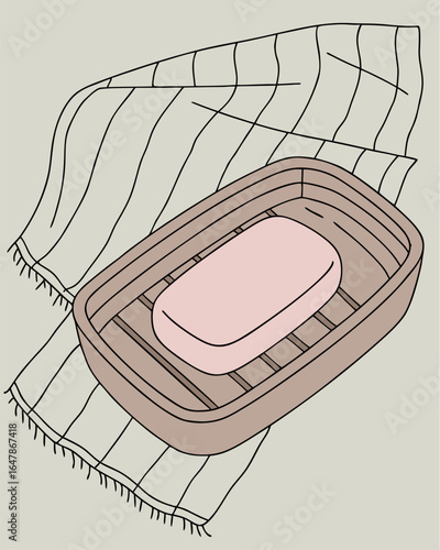 Pale pink bar of soap on a textured grey surface
