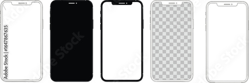 Smartphone frame vector set, mobile phone mockup templates, blank screen designs, device outlines, and isolated phone silhouettes for digital projects