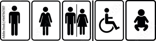 A comprehensive set of universally recognized restroom and lavatory signs, featuring pictograms for all genders, accessibility, and baby care.