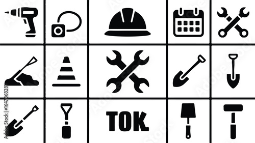 Black and white construction and tools icons drill lock