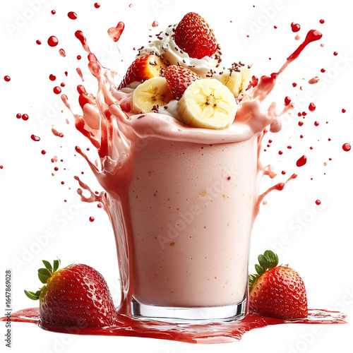 Strawberry banana milkshake splash, studio shot, isolated on a white transparent background