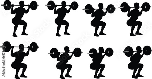 Barbell squat exercise stages, fitness silhouette set, proper squat form, strength training guide, gym workout illustration, athletic motion