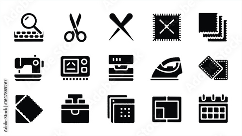 Black and white icons for sewing and crafting sewing machine scissors