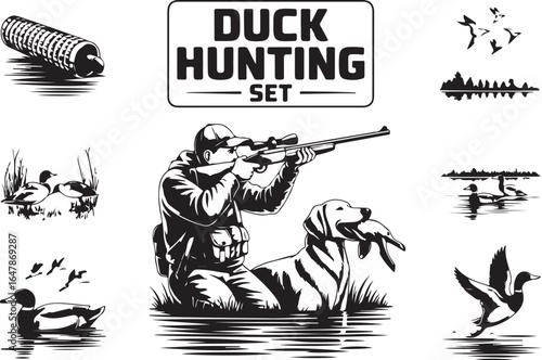 Hunter aims rifle with dog retrieves duck in water scene
