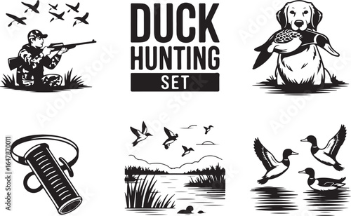 Duck hunting set with dog, hunter, and decoys