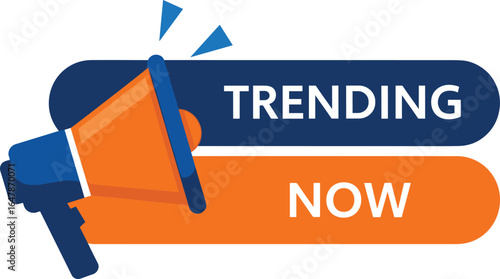 Megaphone with “Trending Now” text in blue and orange design representing social media buzz, viral news, and online trends