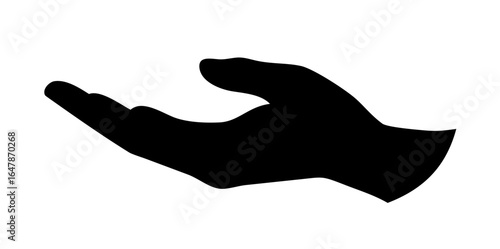 Black silhouette of an open palm facing upward, fingers slightly bent, cupped shape, as if reaching out to receive something, openness, receptiveness, receiving, offering, giving, taking, gesture of r