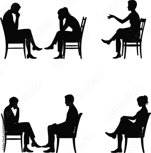 PrintSilhouette of couple arguing, people sitting on chairs, conversation conflict, relationship discussion, therapy session concept, emotional talk, vector illustration, black figures
