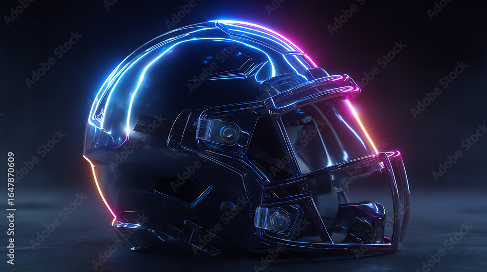 Fototapeta premium Futuristic football helmet with neon lights sports protective gear