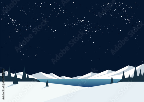 A beautiful landscape illustrating a deep blue night sky filled with many stars above snow covered mountains and a tranquil frozen lake.
