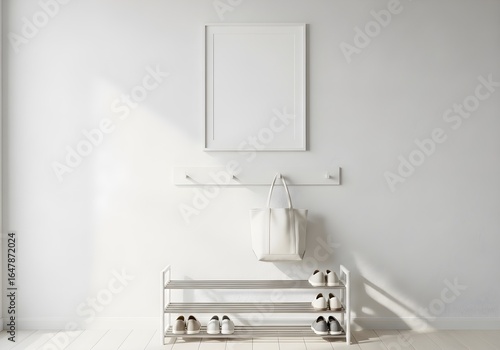 Modern entryway mockup with blank frame, tote bag, and shoe rack in minimalist style