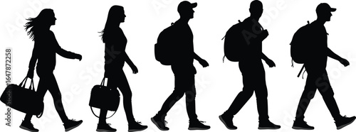 PrintSilhouette people walking, travelers with backpacks, group on journey, 