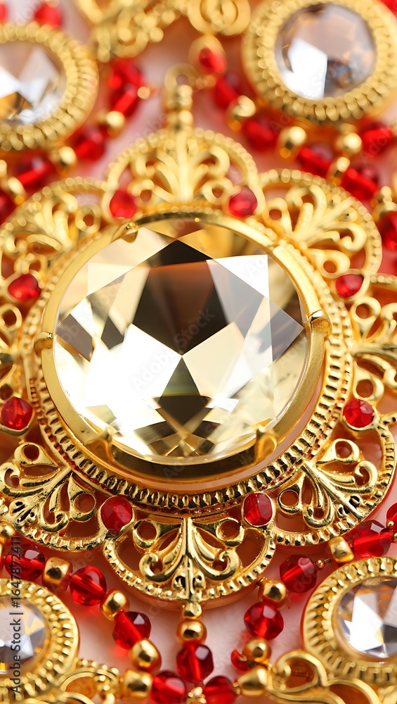 Fototapeta premium Elegant Gold Necklace with Red Gemstones and Sparkling Crystals
