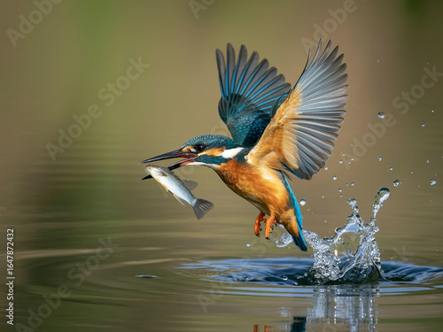 Kingfisher bird captures fish mid flight over water