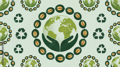 Earth cradled by hands surrounded by beads and recycling symbols cradling protecting