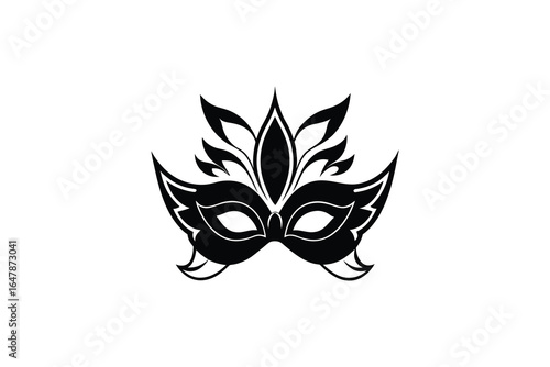 a black and white masquerade mask with feathers on a plain background silhouette