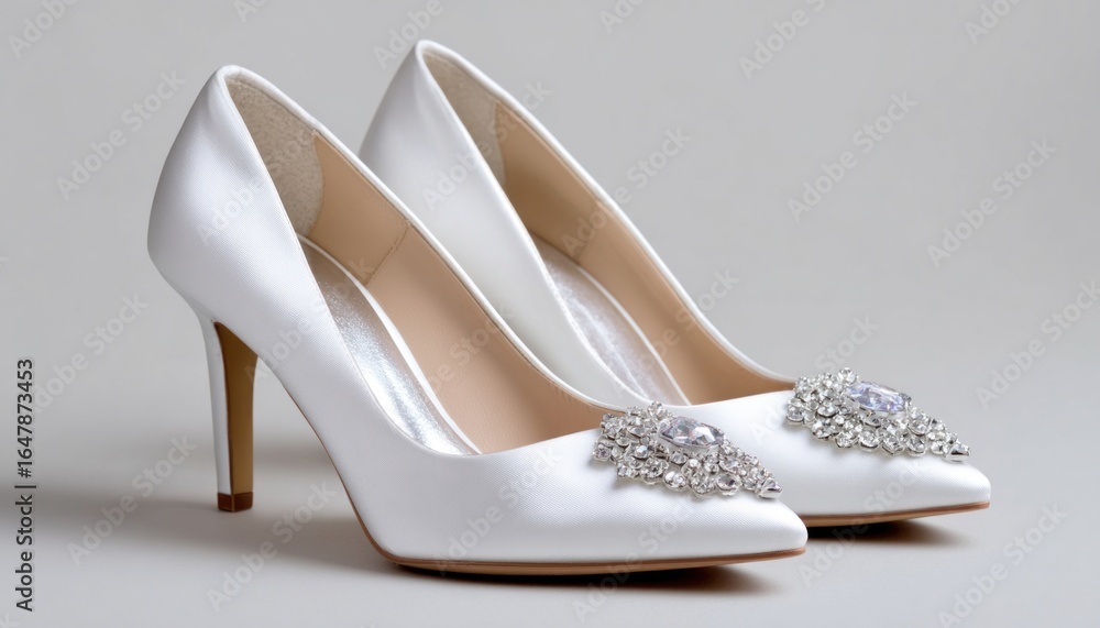 Obraz premium Elegant white satin bridal shoes with rhinestone embellishments on gray background