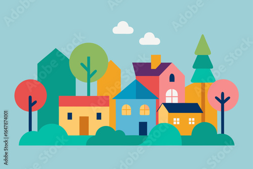 cozy village with colorful houses and garden tree