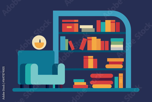 cozy reading corner with bookshelves flat vector