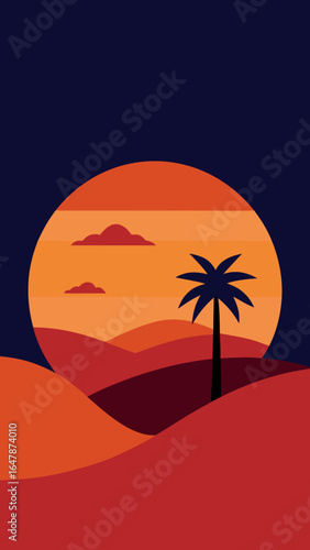 desert sunset with palm oasis flat style
