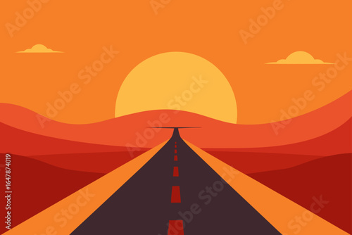 desert road going into sunset flat vector art