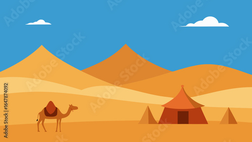 flat camping scene with tent and campfire under night sky
