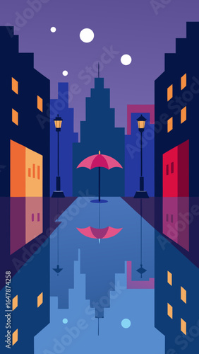 rainy city street reflections umbrella