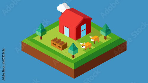 isometric farm with animals flat style