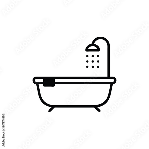 Bathtub Outline Icon with Shower and Towel on Transparent Background Minimalist Design