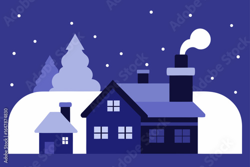 Winter night with snowy rooftops and chimney smoke