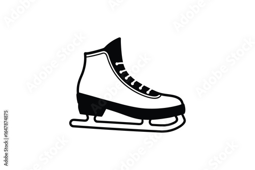 a black and white illustration of an ice skate with laces and a blade silhouette