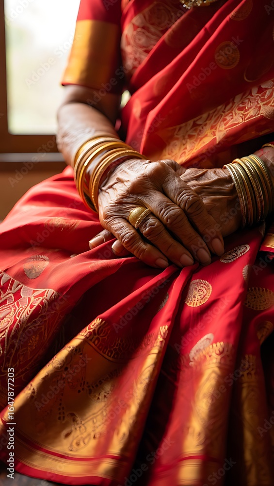 Fototapeta premium Elegance in Crimson: A senior figure radiates poise in a rich red silk sari, adorned with golden jewelry, hands resting gracefully, portrait of timeless culture.