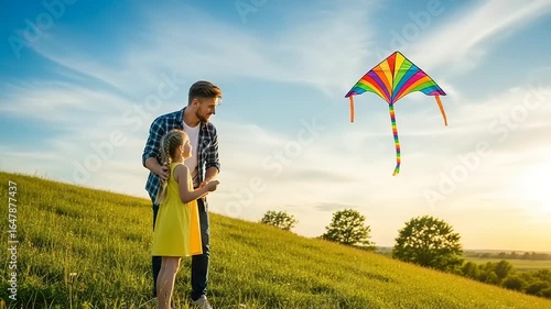 Father and daughter enjoying a kite in a grassy field.