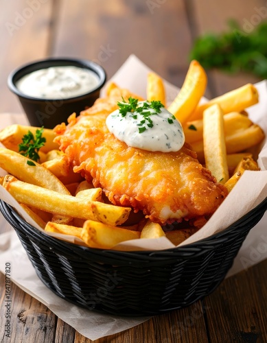 Creamy‑tartar fish & chips — golden beer‑battered fillet over thick‑cut fries in a black wicker basket (close‑up menu shot)