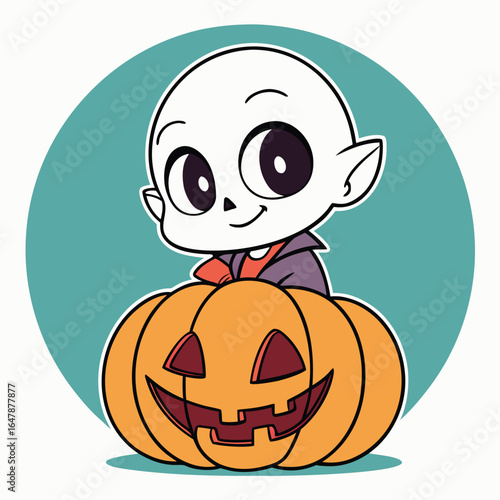 Cute cartoon skeleton boy with pointed ears leans happily on a carved pumpkin