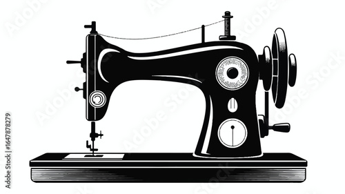 Vintage sewing machine silhouette with intricate details and a wooden base retro black and white