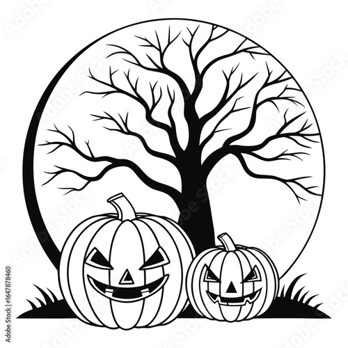 Two jack o'lanterns stand beneath a bare tree against a full moon backdrop with transparent background