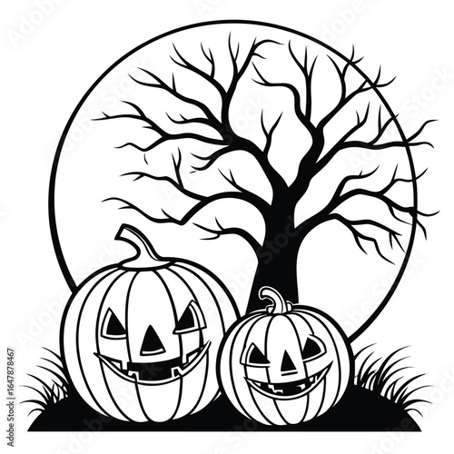 Two smiling jackolantern pumpkins stand before a barren tree and full moon on the ground