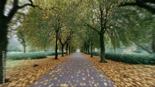 Autumn pathway lined with trees and fallen leaves in a park  