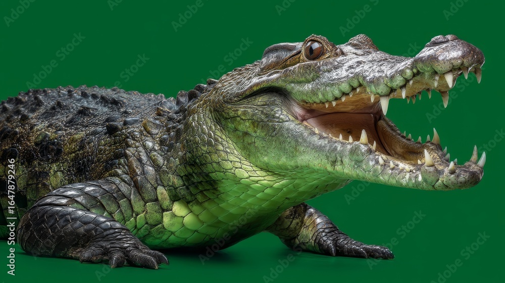 Naklejka premium Close-Up of a Crocodile Slowly Opening Its Jaws with Sharp Teeth Against a Green Background