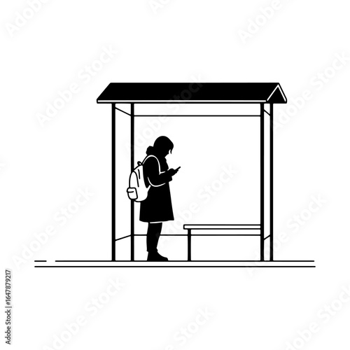 An image suitable for public transport travel themes. This vector art of a person waiting at a bus stop is suitable for graphic design, travel blogs, website icons, public service promotional posters.