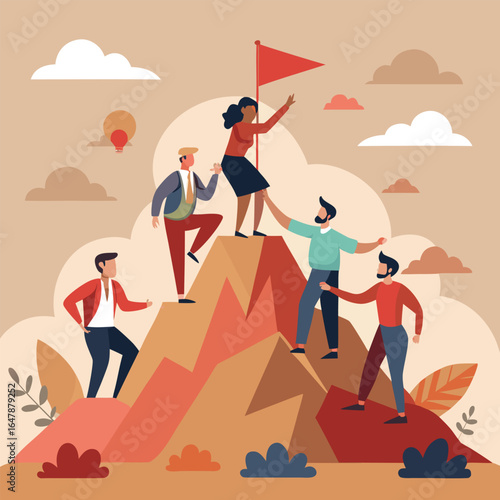 Team reaching mountain summit with flag