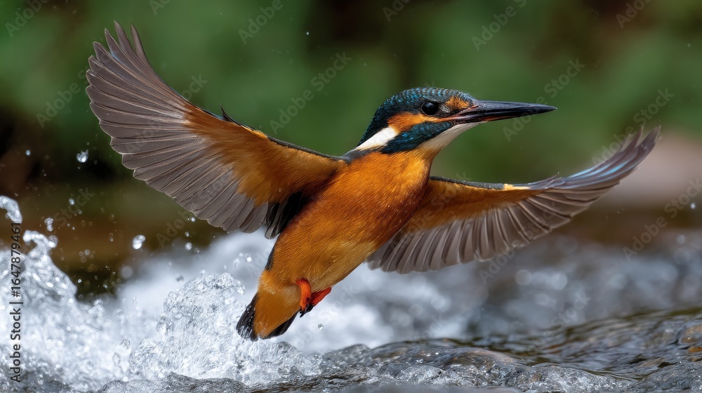Fototapeta premium Kingfisher Bird Diving into a River with Vibrant Plumage and Dynamic Wing Movement