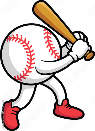 Cute cartoon baseball character holding a bat, ready to swing, a funny mascot vector illustration for a sports club or team.