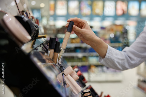 A woman is currently holding a bottle of foundation while shopping in a store