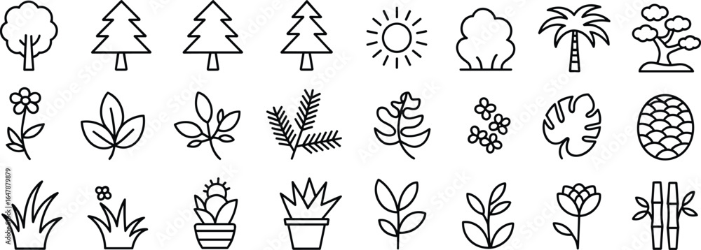 Fototapeta premium Minimal nature icon set with trees, leaves, flowers, plants, and outdoor elements in clean outline style for eco illustrations
