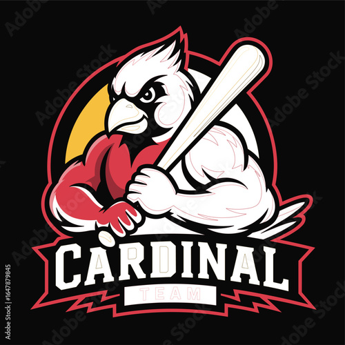 Aggressive cardinal bird mascot with muscular arms holding a baseball bat, a sports logo design with "CARDINAL TEAM" text, vector illustration.
